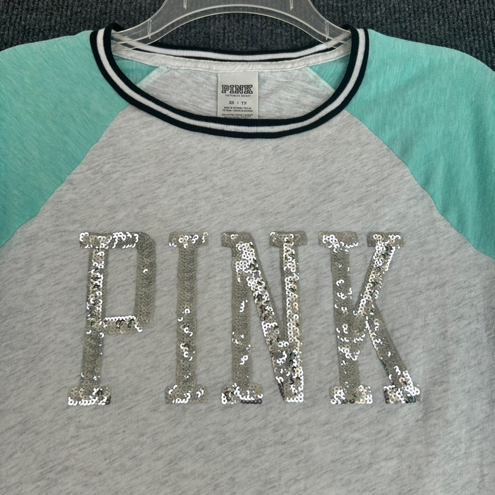 PINK Victoria's Secret Seafoam Bling Logo Women's XS Baseball 3/4 Sleeve Tee Y2K - Picture 2 of 11